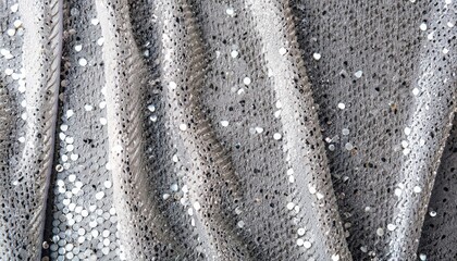 Fabric decorated with silver sequins, draped, holiday concept. Sparkle glitter background