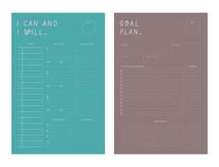 I can and I will and goal planner. Minimalist planner template set. Vector illustration