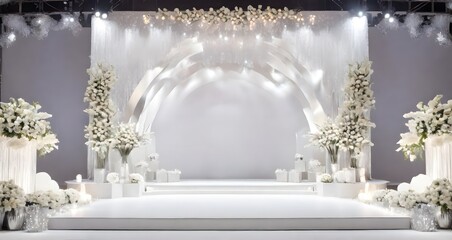 Interior of the wedding hall decorated with white flowers and candles.