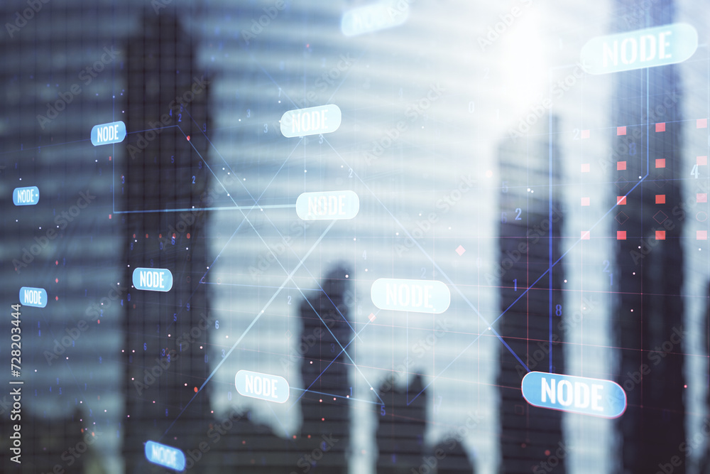 Poster double exposure of abstract programming language interface on modern skyscrapers background, researc