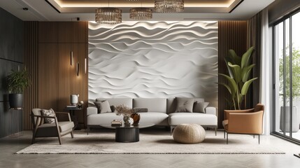 modern living room with the wall as a modern 3d wallpaper with LED 