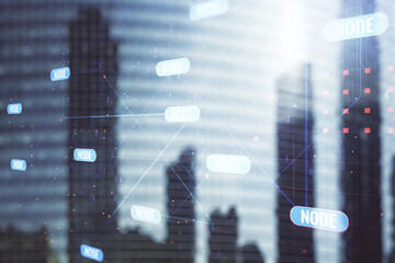 Double exposure of abstract programming language interface on modern skyscrapers background, research and development concept