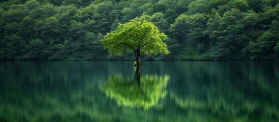 Mesmerizing Reflections: A Stunning Single Tree Standing Tall Amidst Lush Greens and Glistening Waters