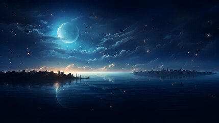 Fototapeta na wymiar Crescent moon in starry sky over sea at night.