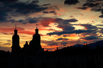 Sunrise Twilight Old Town Innsbruck Austria. Sunrise over the old town of Innsbruck, Austria on the banks of the Inn River. 

