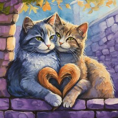 Two Cats Happy in Love, Tails Joined into a Heart, Romantic Impressionist Painting