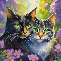 Portrait of Two Cats Snuggling on a Stone Wall in Spring with Flowers, Romantic Painting, Hyperrealistic Bright Green Eyes