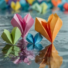 Four Colorful Origami Hearts Floating in Water on a Sunny Day, Family, Feelings of Love and Caring, Valentine's Day