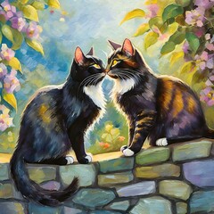Two Cats with Noses Touching, Looking Into Each Other's Eyes, Sitting on a Stone Wall in Spring, Romantic Impressionist Painting
