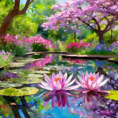 Water Lilies Reflected in a Pond in Spring, Impressionist Painting, Pink Flowers and Blooming Cherry Trees