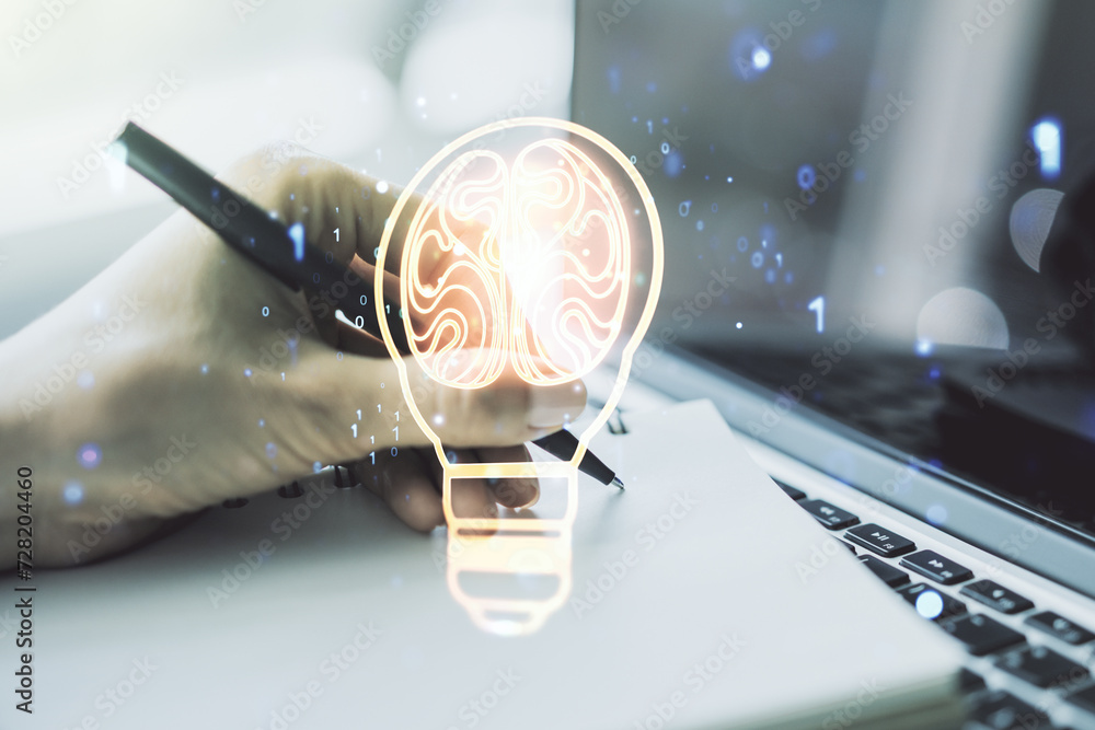 Fototapete creative idea concept with light bulb and human brain illustration and with hand writing in notebook