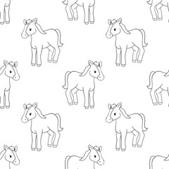 Hand drawn vector monochrome seamless pattern with cute outline horse. Hand drawn illustration isolated on white background. Funny Farm animal repeat pattern