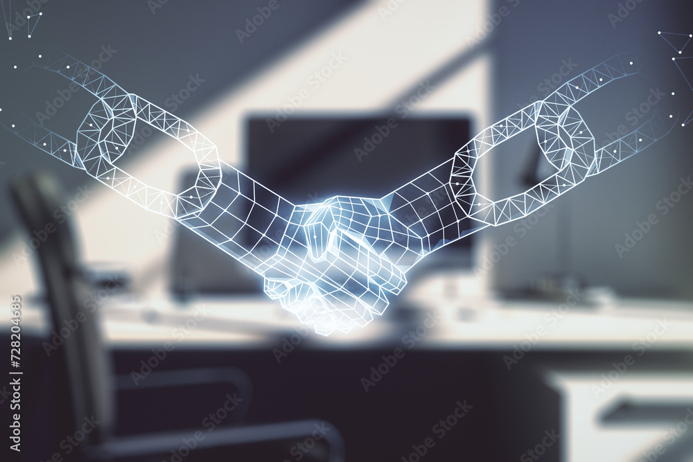 Poster double exposure of blockchain technology with handshake hologram and modern desktop with laptop on b