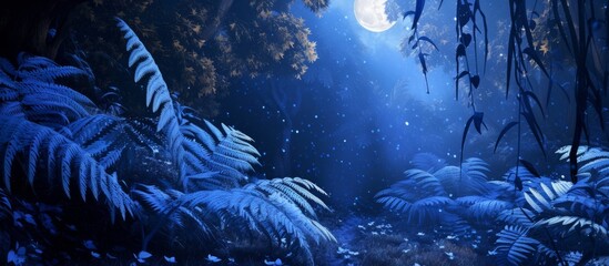 Obraz na płótnie Canvas Enchanting Night: Blue Leaves, Fern in the Moonlight