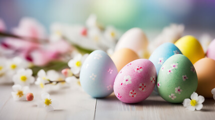 Fototapeta na wymiar Colorful easter eggs and blooming blossom flower on floor with blurred floral on background. Spring and Easter holiday celebration concept with copy space. Design for greeting card, banner and poster.
