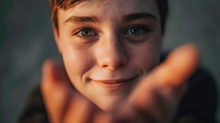 A genderfluid person with a gentle smile their eyes filled with empathy as they offer a supportive hand to others struggling with the impact of trauma and PTSD.
