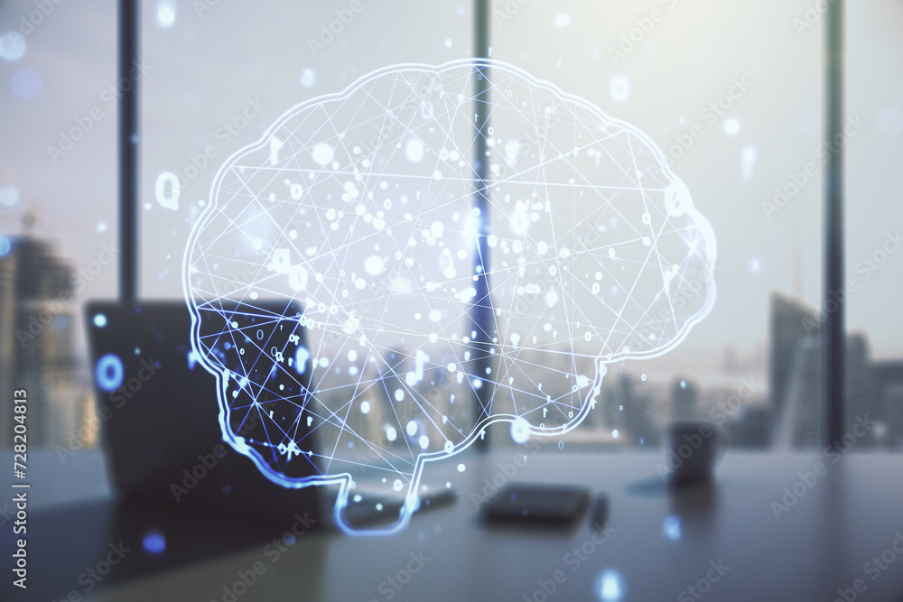 Poster double exposure of creative human brain microcircuit and modern desk with computer on background. fu