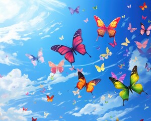 Fototapeta na wymiar Delicate rainbow butterflies flutter on a blue sky with clouds.
