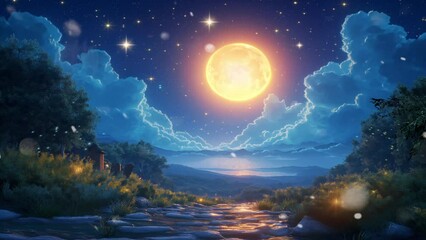 Relaxing full glowing moon with stars and cloud at beautiful night looping animation video style