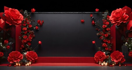 wedding arch made of red roses on black background with candles