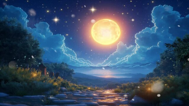 Relaxing full glowing moon with stars and cloud at beautiful night looping animation video style