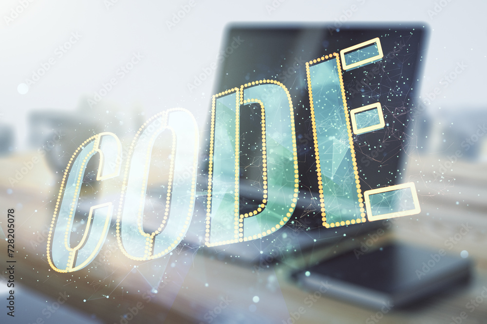 Poster creative code word sign and modern desktop with pc on background, international software development