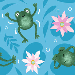 Frogs and lotus flowers seamless pattern. Hand drawn cute toads swimming and resting in water with leafs and lily pads. Amphibian kids allover illustration
