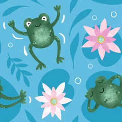 Fotobehang Frogs and lotus flowers seamless pattern. Hand drawn cute toads swimming and resting in water with leafs and lily pads. Amphibian kids allover illustration © Shakhnoza