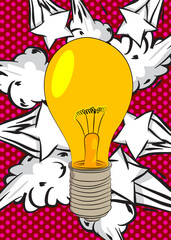 Cartoon Light Bulb, comic book Idea. Retro vector comics pop art design.