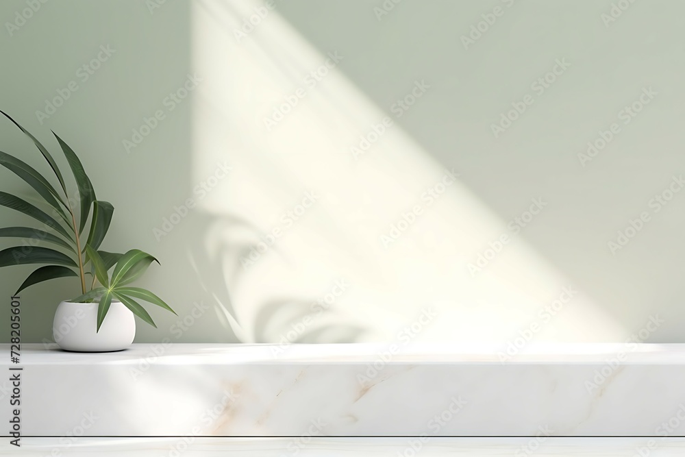 Poster selective focus.marble countertop or product display platform design with shadow palm leaf on wall b