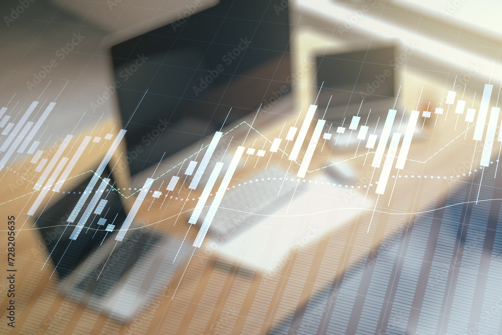 Poster multi exposure of abstract creative financial graph and modern desktop with computer on background, 