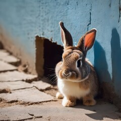 Bunny peeking out of a hole in blue wall, fluffy eared bunny easter bunny banner, rabbit jump out torn hole