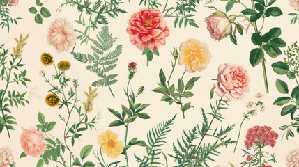 Vintage pattern botanical variety flowers such as roses, peonies, daisies, and ferns aged paper hand-drawn classic botanical drawings, elegant design suitable for fabric, wallpaper, and stationery
