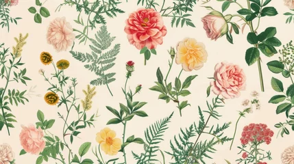 Raamstickers Vintage pattern botanical variety flowers such as roses, peonies, daisies, and ferns aged paper hand-drawn classic botanical drawings, elegant design suitable for fabric, wallpaper, and stationery © ND STOCK