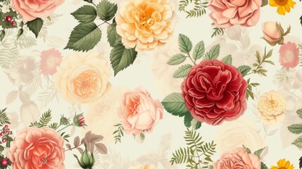 Vintage pattern botanical variety flowers such as roses, peonies, daisies, and ferns aged paper hand-drawn classic botanical drawings, elegant design suitable for fabric, wallpaper, and stationery