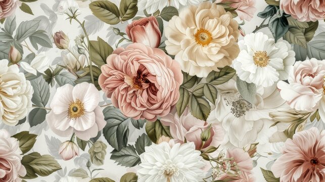 Vintage pattern botanical variety flowers such as roses, peonies, daisies, and ferns aged paper hand-drawn classic botanical drawings, elegant design suitable for fabric, wallpaper, and stationery