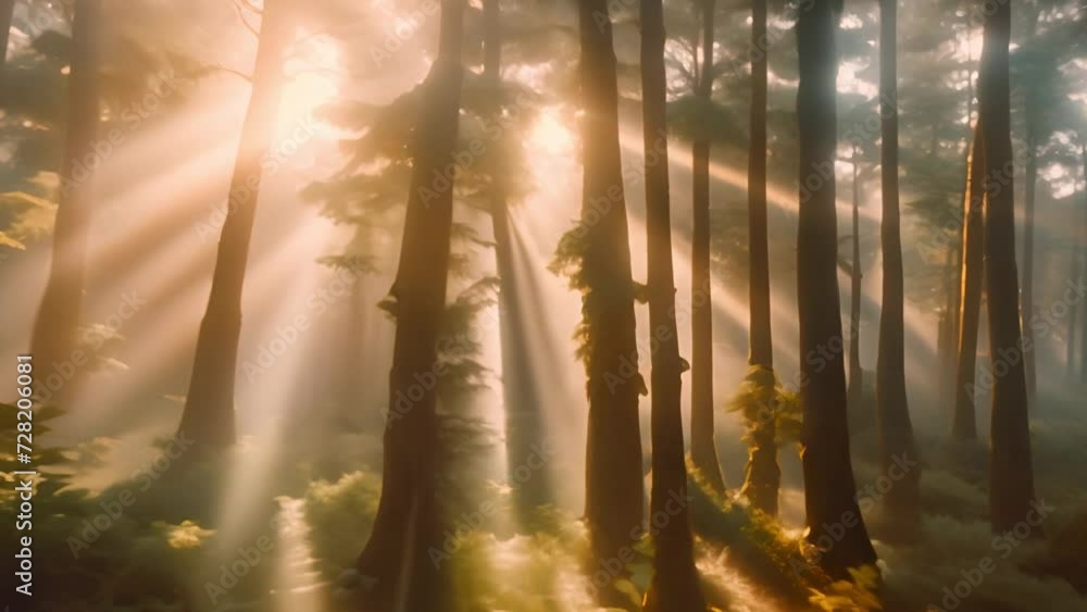 Poster Sunlight Filters Through the Trees in a Mystical Forest at Sunrise. Generative AI