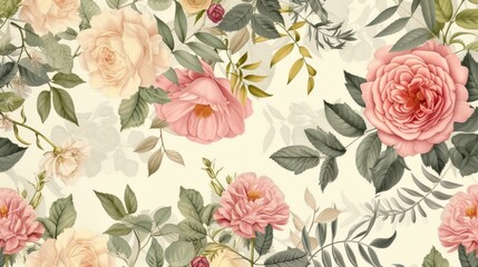 Vintage pattern botanical variety flowers such as roses, peonies, daisies, and ferns aged paper hand-drawn classic botanical drawings, elegant design suitable for fabric, wallpaper, and stationery