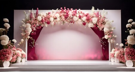 Wedding arch decorated with pink flowers. 3D rendering.