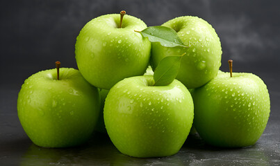  Green apples with water drops, closeup Healthy food grey background green apples Harvest of ripe delicious fruits apple with leaf on top of it.