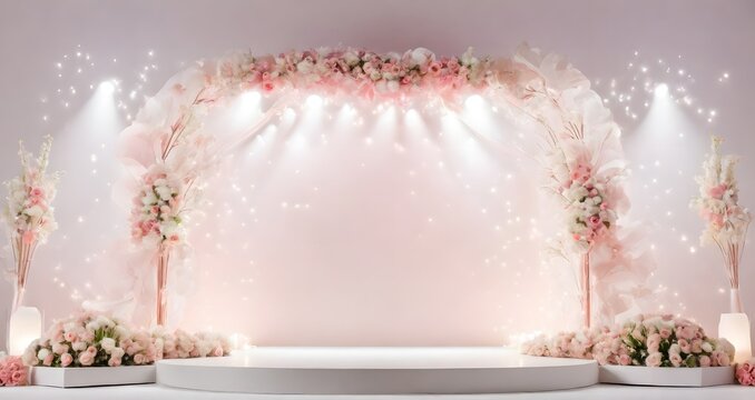 3d render of stage with wedding arch and flower decoration for product display