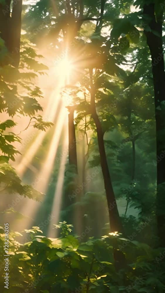 Poster sun shining through the trees in the forest generative ai