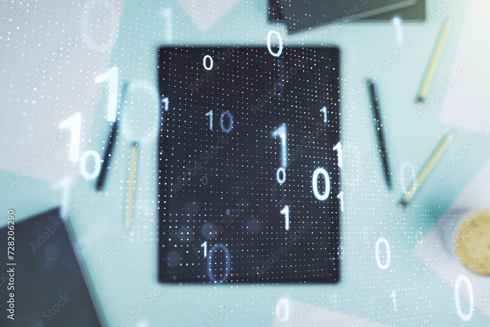Leinwandbilder double exposure of creative abstract binary code hologram and digital tablet on background, top view
