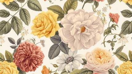 Vintage pattern botanical variety flowers such as roses, peonies, daisies, and ferns aged paper...