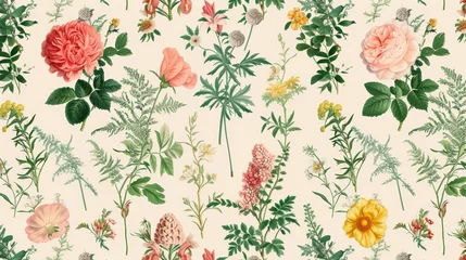 Fotobehang Vintage pattern botanical variety flowers such as roses, peonies, daisies, and ferns aged paper hand-drawn classic botanical drawings, elegant design suitable for fabric, wallpaper, and stationery © ND STOCK