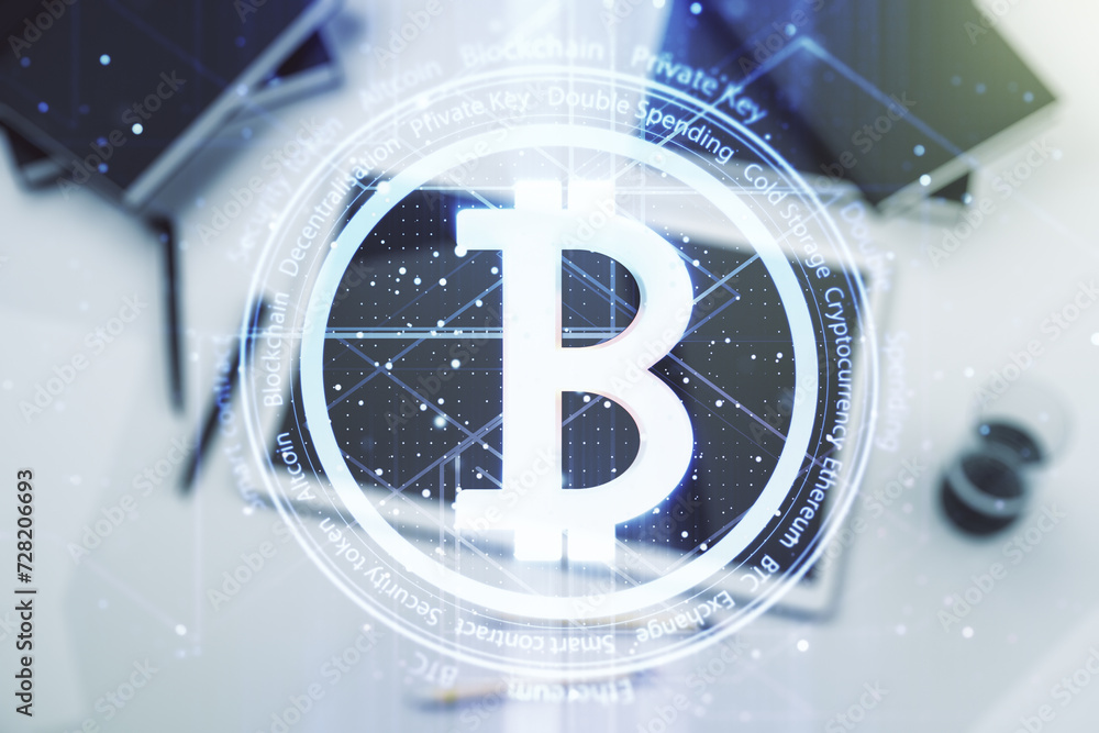 Poster Double exposure of creative Bitcoin symbol hologram and modern digital tablet on background. Mining and blockchain concept