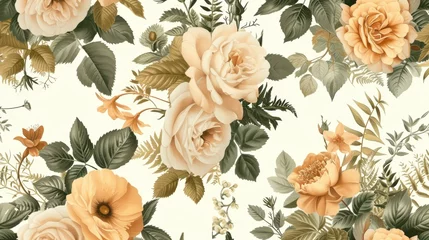 Tuinposter Vintage pattern botanical variety flowers such as roses, peonies, daisies, and ferns aged paper hand-drawn classic botanical drawings, elegant design suitable for fabric, wallpaper, and stationery © ND STOCK