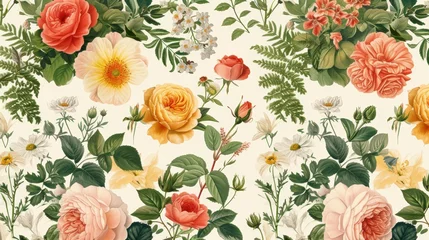 Behang Vintage pattern botanical variety flowers such as roses, peonies, daisies, and ferns aged paper hand-drawn classic botanical drawings, elegant design suitable for fabric, wallpaper, and stationery © ND STOCK