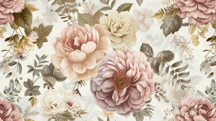 Vintage pattern botanical variety flowers such as roses, peonies, daisies, and ferns aged paper hand-drawn classic botanical drawings, elegant design suitable for fabric, wallpaper, and stationery