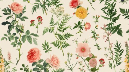 Vintage pattern botanical variety flowers such as roses, peonies, daisies, and ferns aged paper...